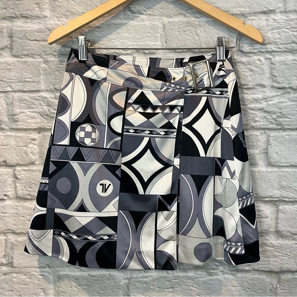 Vintage 80s Andre Luciano Size Small Grey Abstract Print Wrap A-Line Mini Skirt